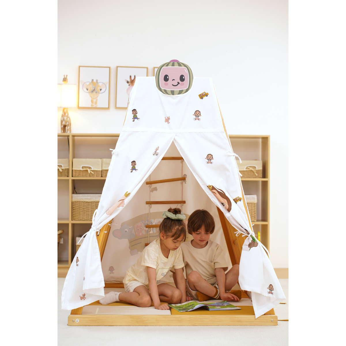 CoComelon play tent cover on the Avenlur Large Magnolia climbing playset