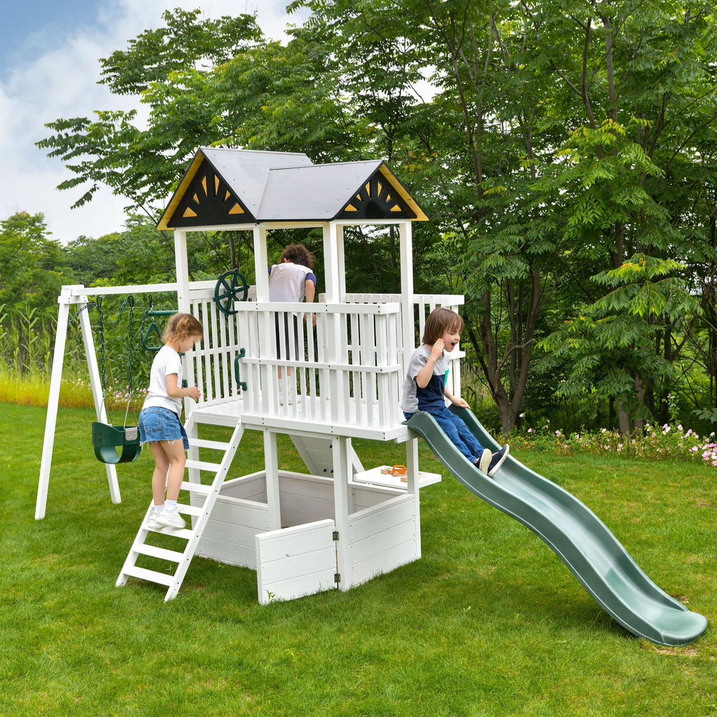 Avenlur Craftsman outdoor jungle gym with climber and sandbox