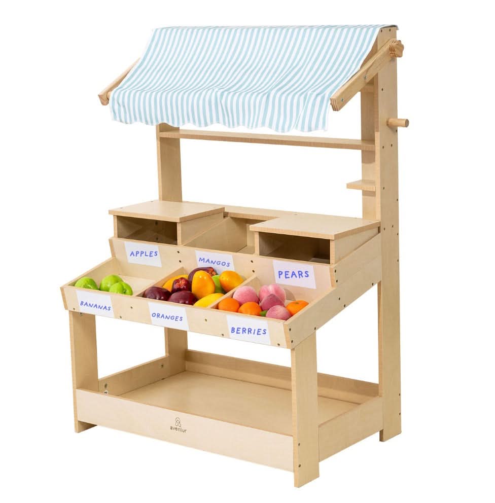 Avenlur Cypress wooden market stand pretend play shop with storage
