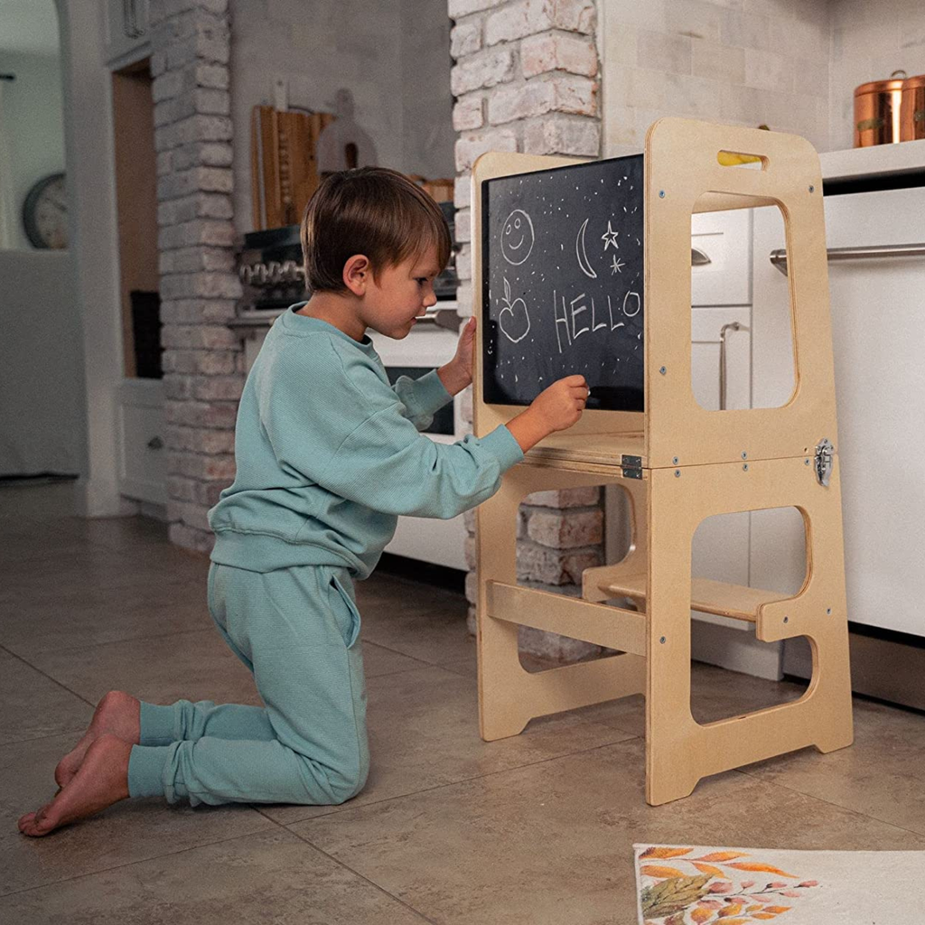 Avenlur Date 4-in-1 kitchen tower features: tower, desk, step stool and chalkboard