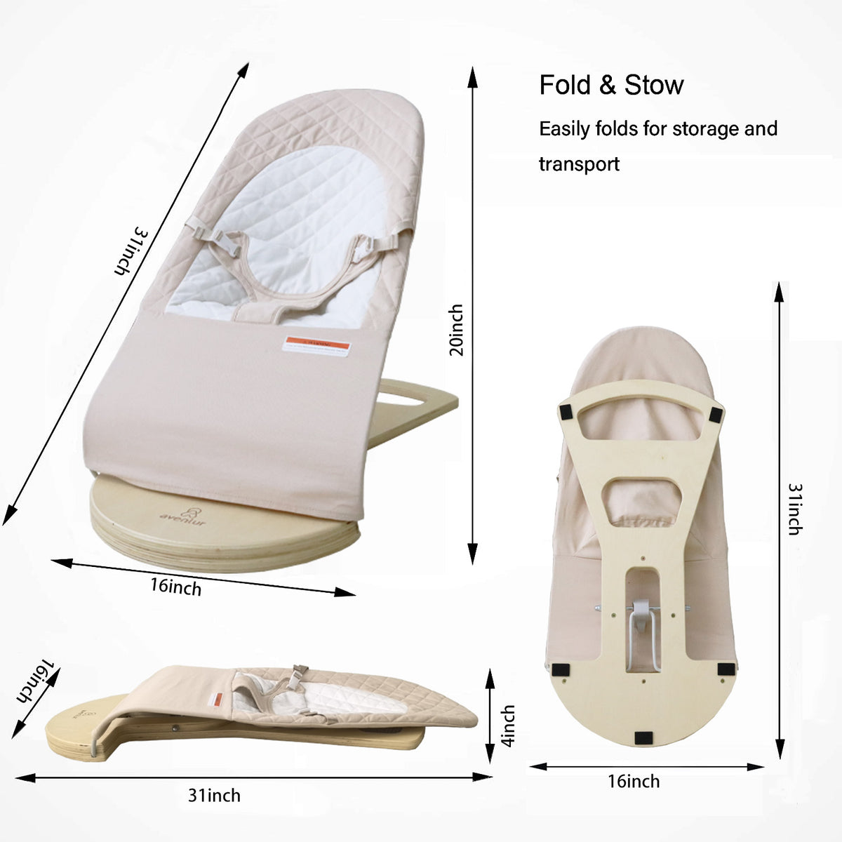 Parent rocking a baby in the Avenlur Fir wooden bouncer