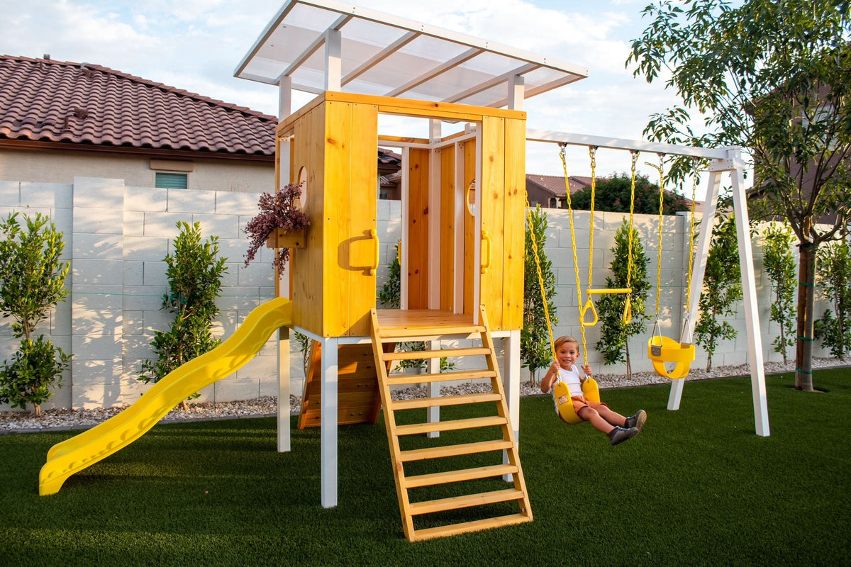 Avenlur Forest modern playset in a backyard
