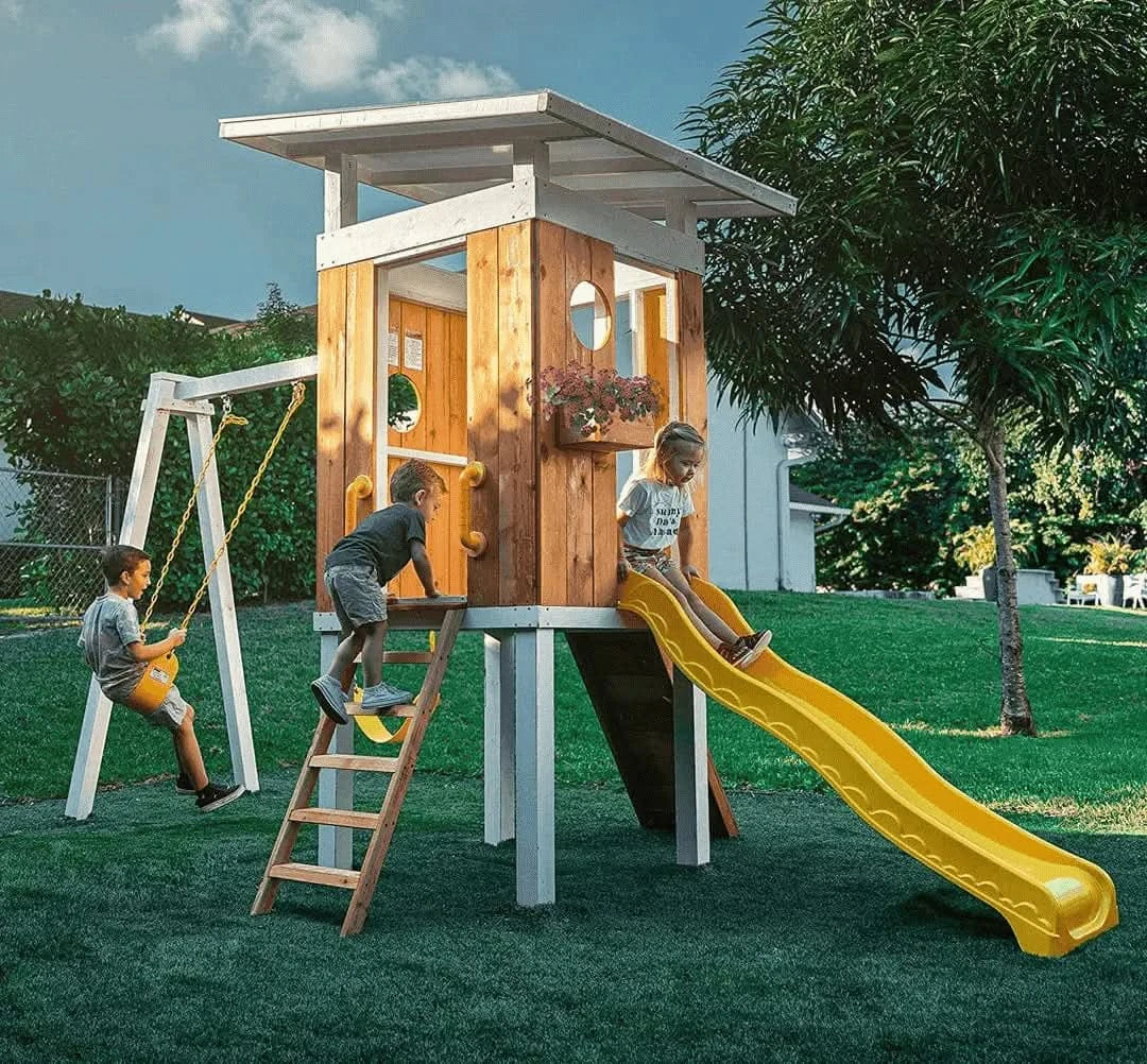Avenlur Forest modern wooden swing set with playhouse, slide and rock wall