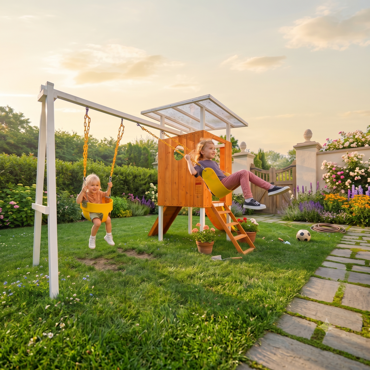 Avenlur Forest Small wooden swing set in a small backyard