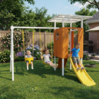 Toddler playing on the Avenlur Forest Small toddler swing set with playhouse