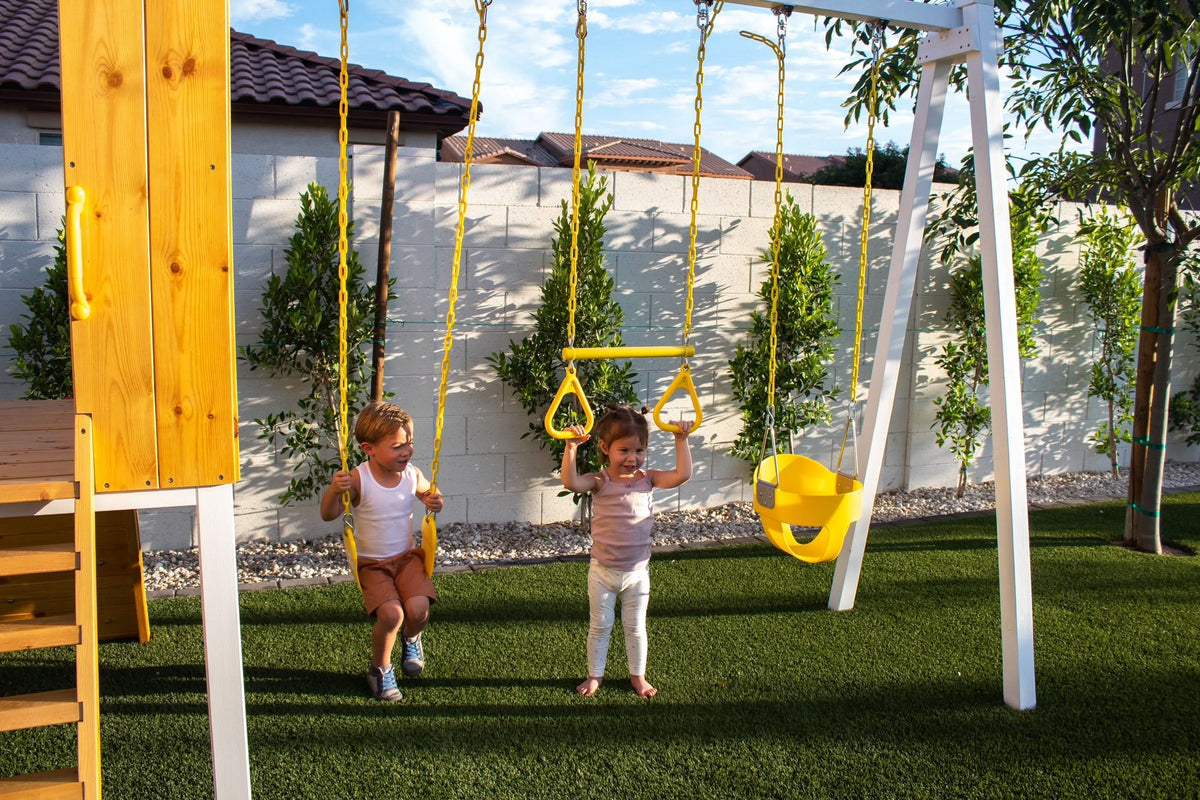 Avenlur Forest wooden swing set in a family backyard