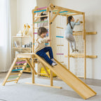 Avenlur Grove indoor climbing for kids with rainbow monkey bars and climbing net