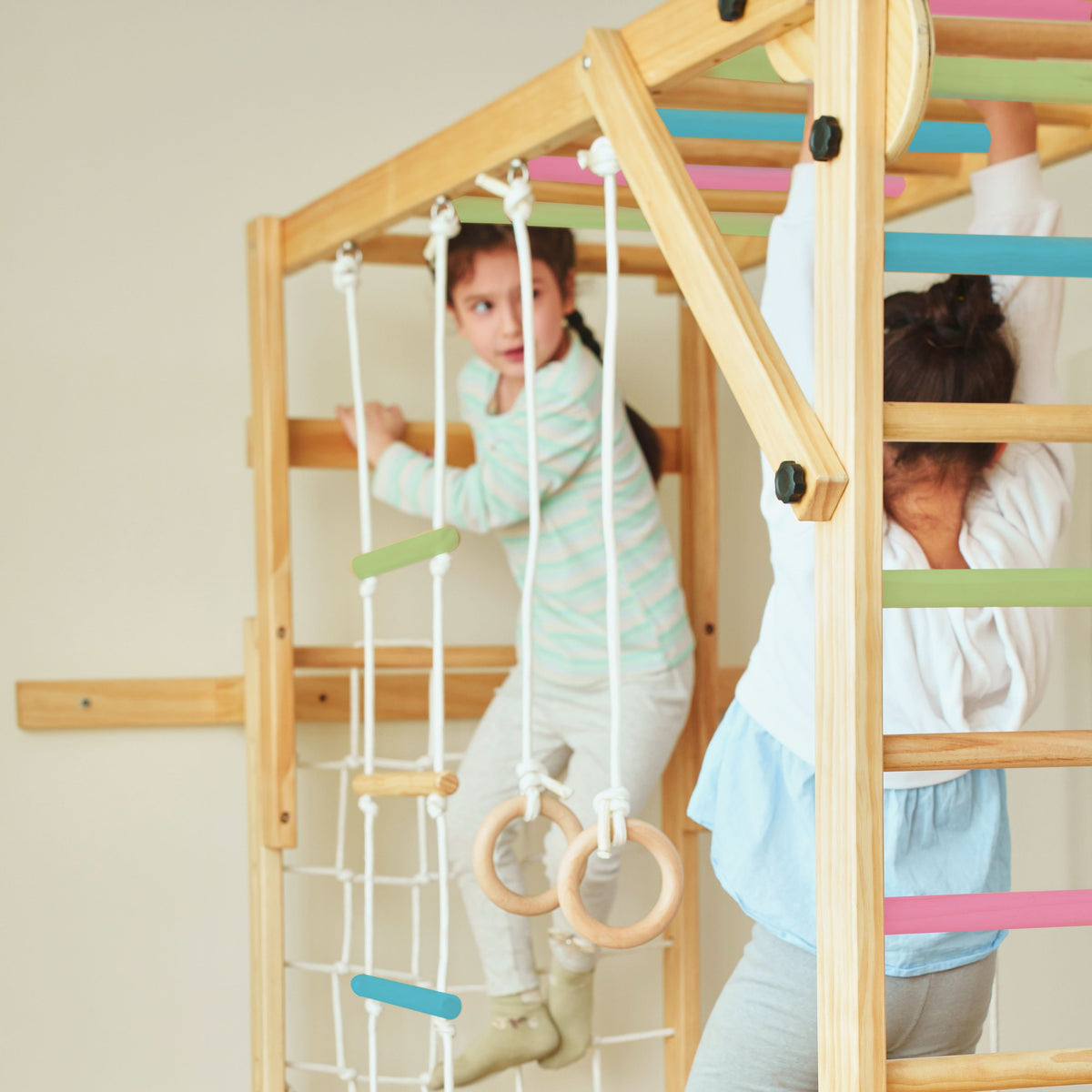 Avenlur Grove indoor gym for kids with rainbow color climbing bars and rope ladder