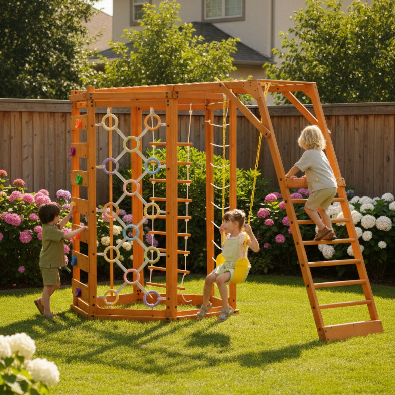 Kids playing on the Avenlur Hawthorn XL natural wood outdoor jungle gym in the backyard
