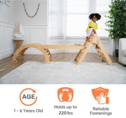 Child on Avenlur Hazel Pikler Triangle with overlay icons showing age range 1–6, 220 lb weight capacity, and reliable fastenings