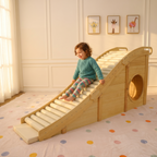 Avenlur Hickory foam roller slide with playhouse climber