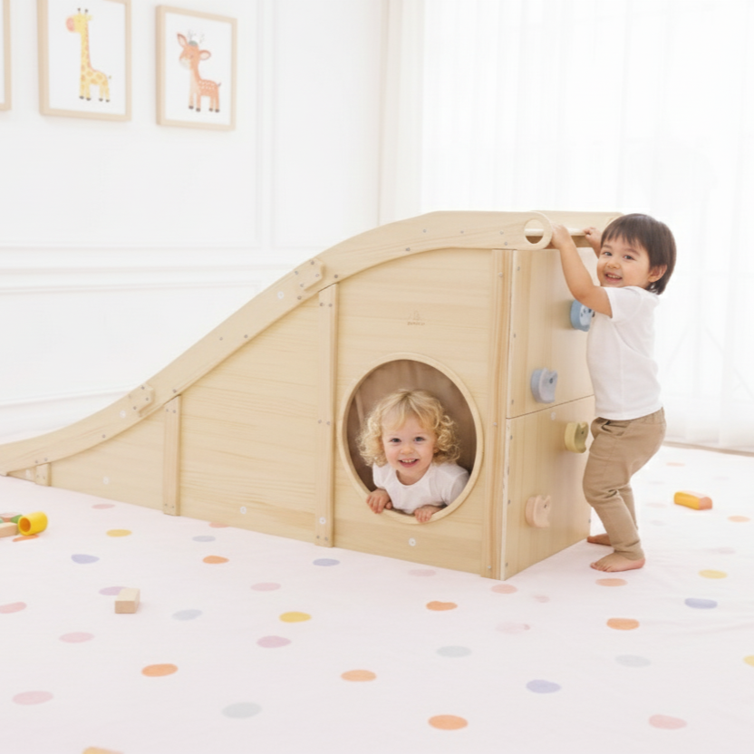 Child crawling through the Avenlur Hickory foam playhouse tunnel