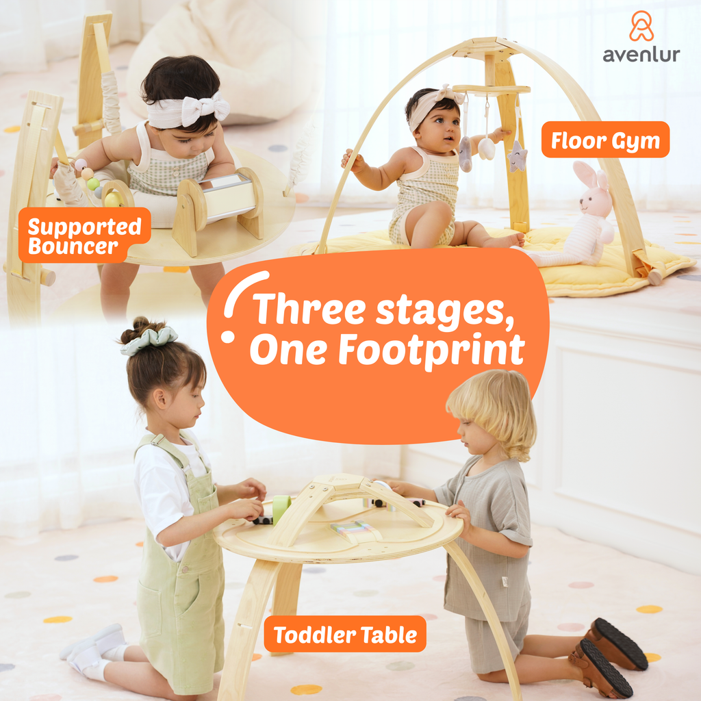 Avenlur Ivy shown as a floor gym, bouncer and toddler activity table