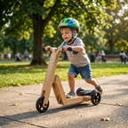 Toddler riding the Avenlur Juneberry wooden ride-on toy