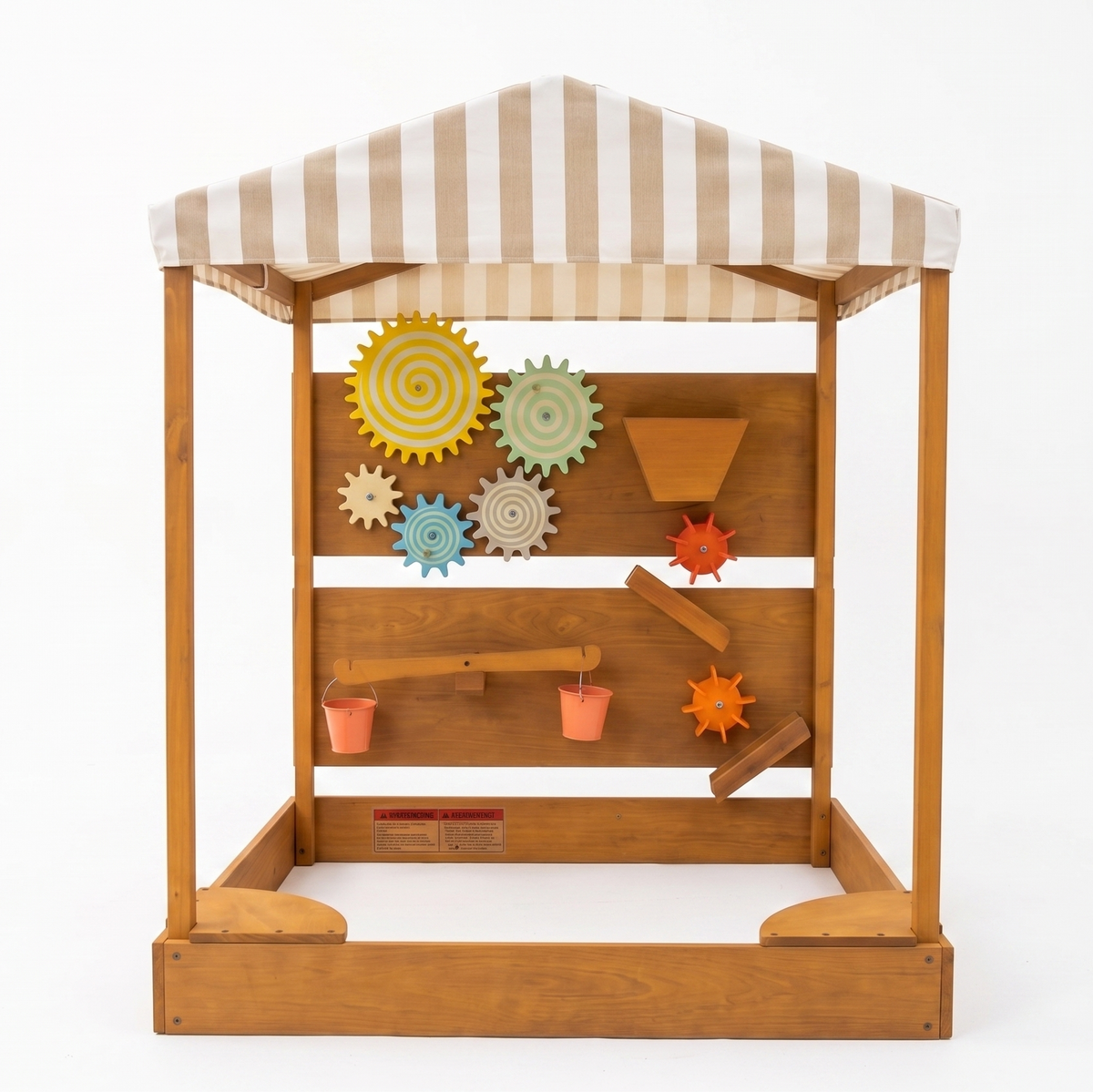 Avenlur Koa water wall and gear panel with striped market canopy