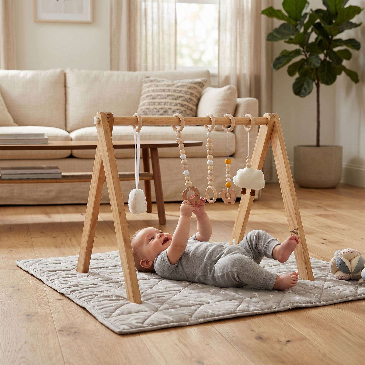 Avenlur Lilac wooden baby gym with hanging toys