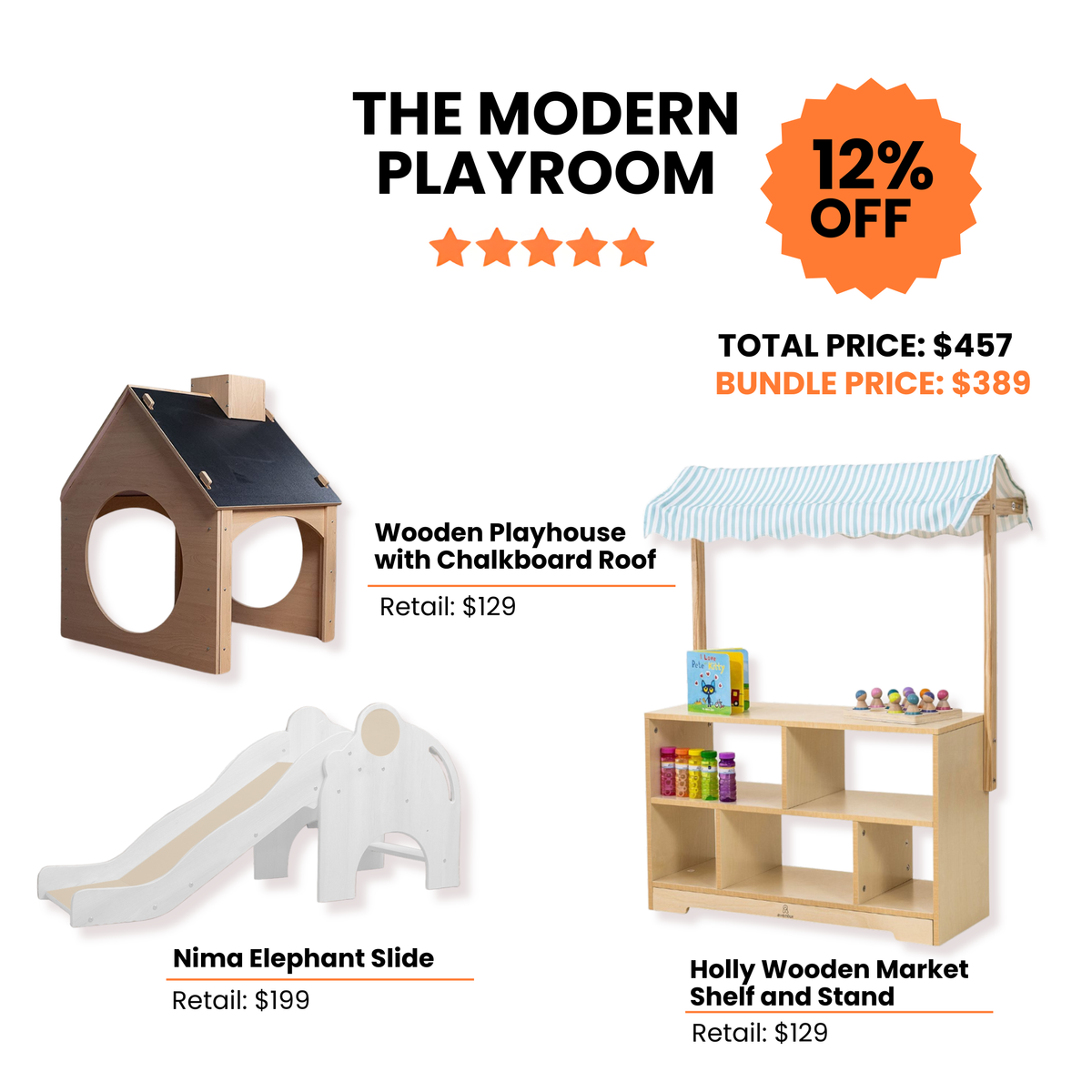 Avenlur Modern Playroom bundle with market stand, playhouse and slide
