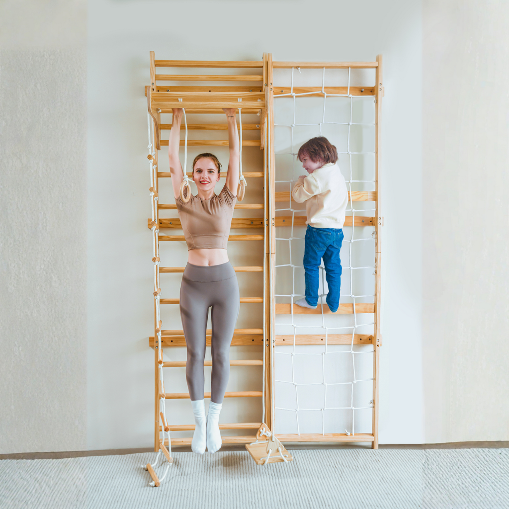 Avenlur Neem Swedish ladder and rope wall, an indoor wooden climber for kids
