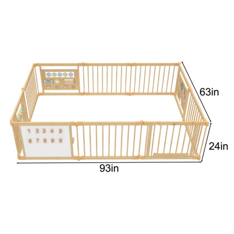 Avenlur 10-panel wooden baby playpen with mirror and whiteboard panel, 93 x 63 x 24 inch dimensions diagram