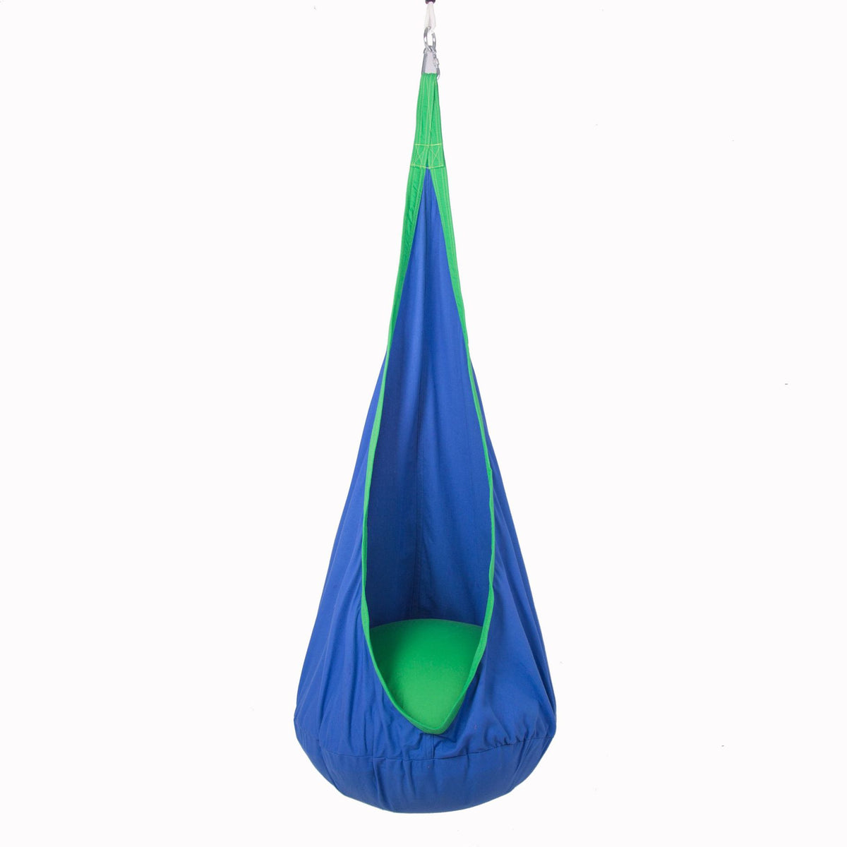 Avenlur blue sensory swing for kids hanging from a wall climber