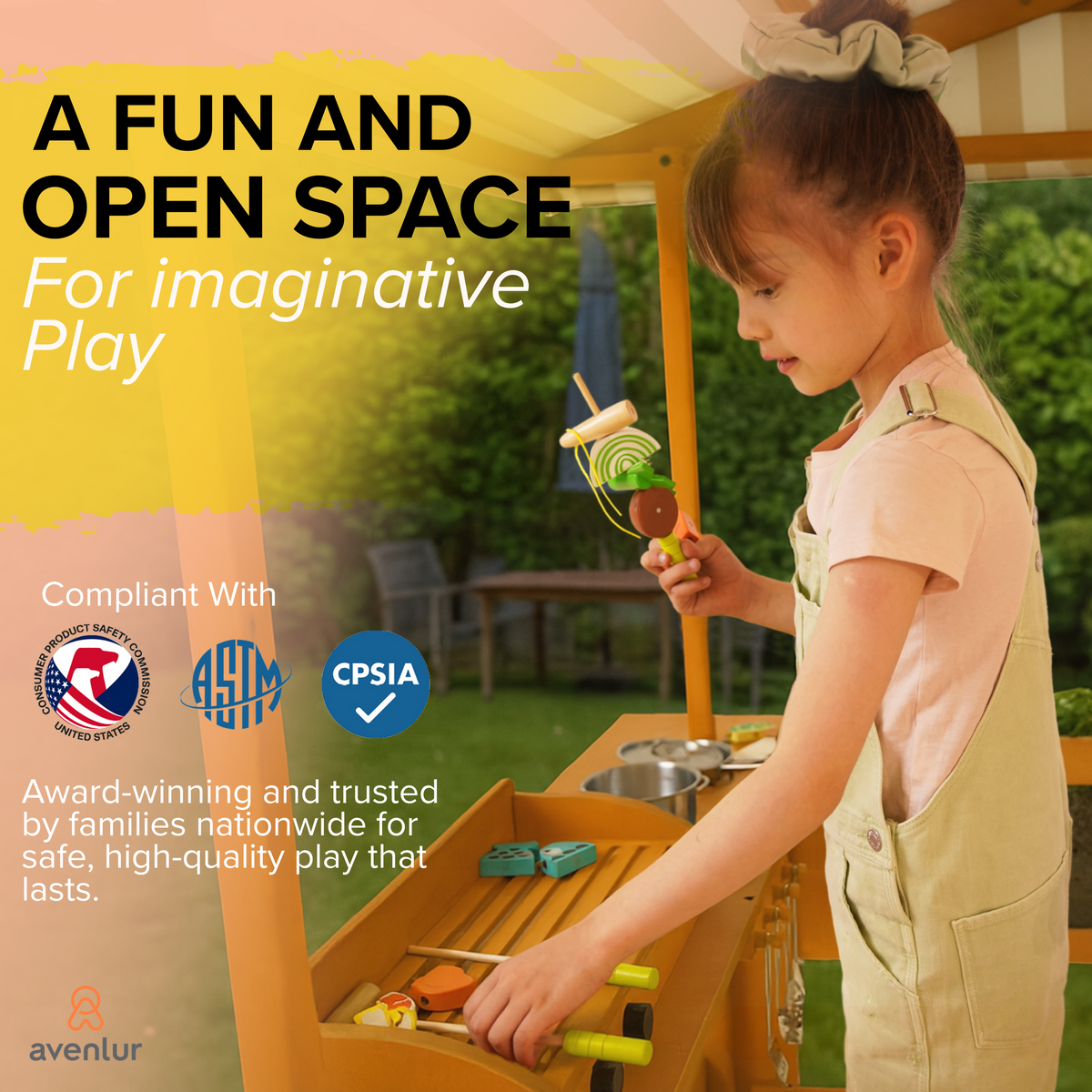 Avenlur Sumac outdoor play station features: market, planter, mud kitchen and grill