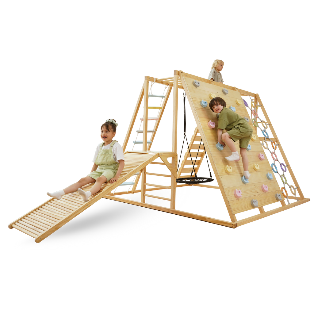 Kids climbing the rock wall and sliding down the ramp on the Avenlur Sweetgum 8-in-1 indoor wooden playset