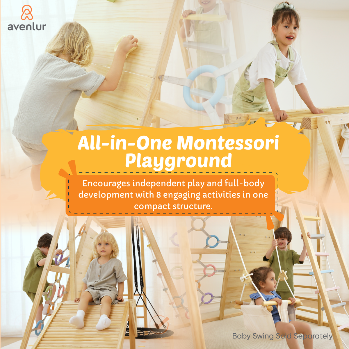 Toddler climbing the Avenlur Sweetgum XL indoor playset