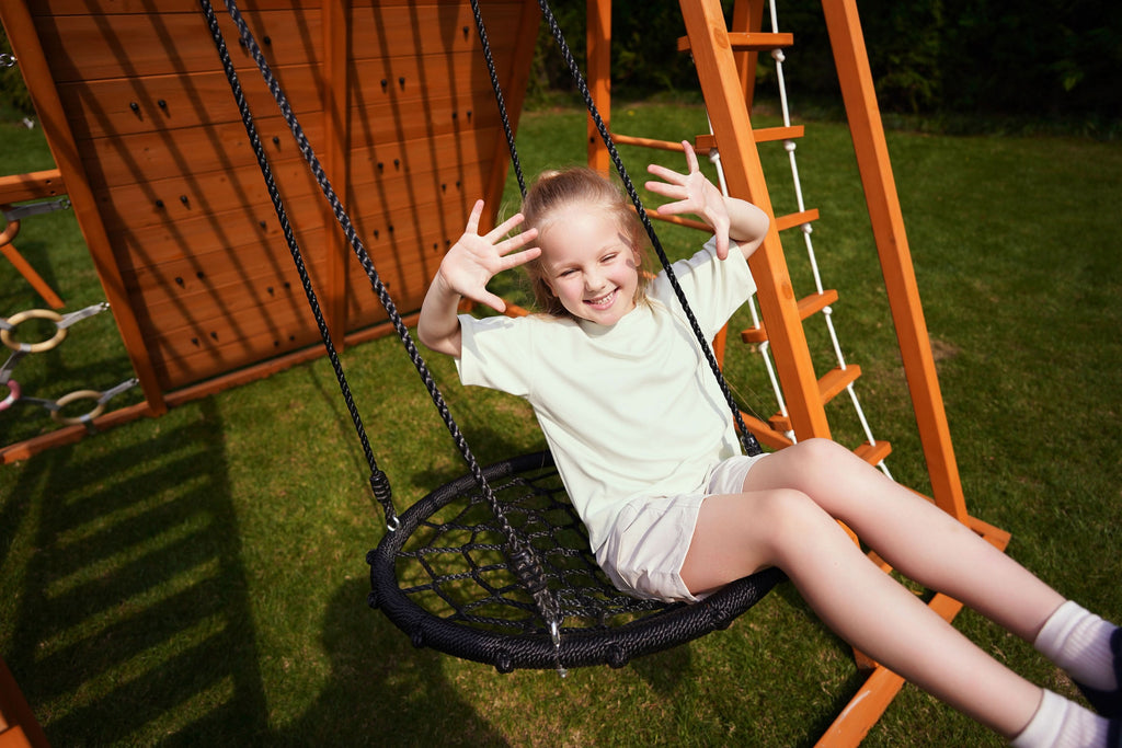 Avenlur Sycamore Jumbo outdoor jungle gym for kids with monkey bars and two swings