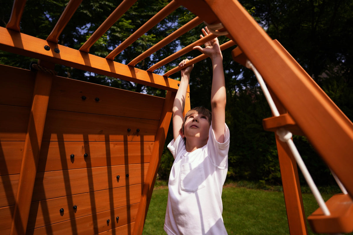 Avenlur Sycamore Jumbo kids outdoor playground with swings, slide and climbing wall