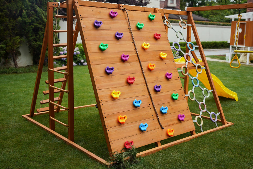 Avenlur Sycamore Jumbo outdoor jungle gym for toddlers and big kids with belt swings and slide