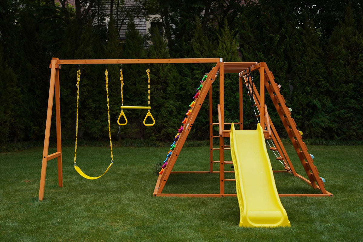 Avenlur Sycamore Jumbo outdoor playset with trapeze bar, swings and climbing ramp