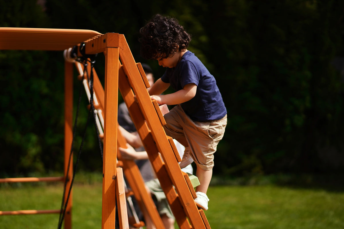 Avenlur Sycamore Jumbo wooden climbing frame and swing set for the backyard with ring ladder and nest swing