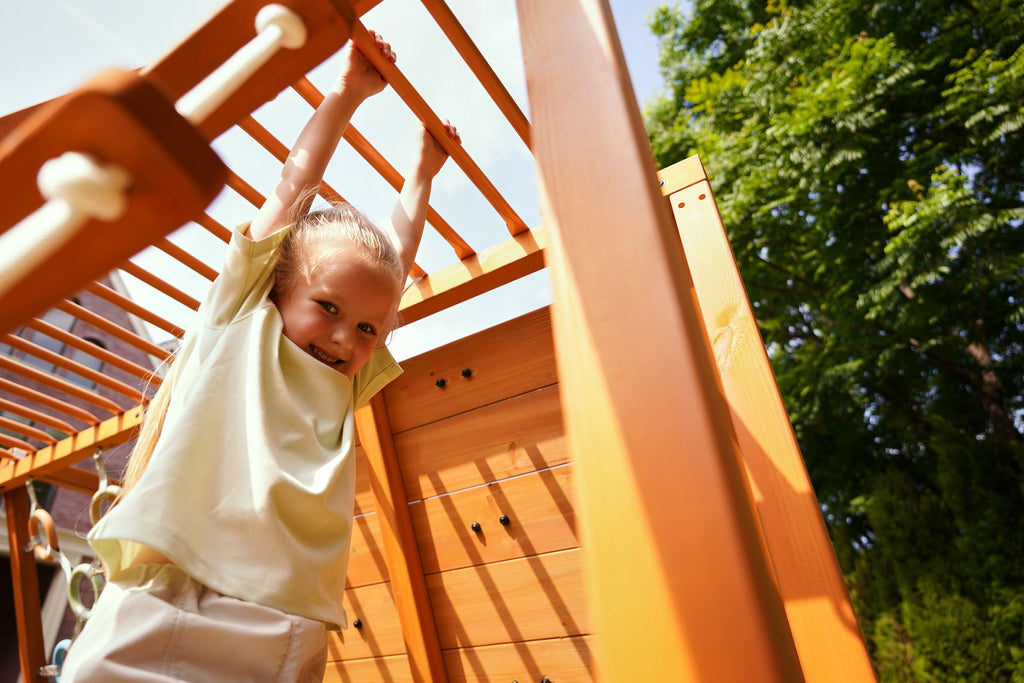 Avenlur Sycamore Jumbo wooden outdoor playset with wave slide and rope ladder