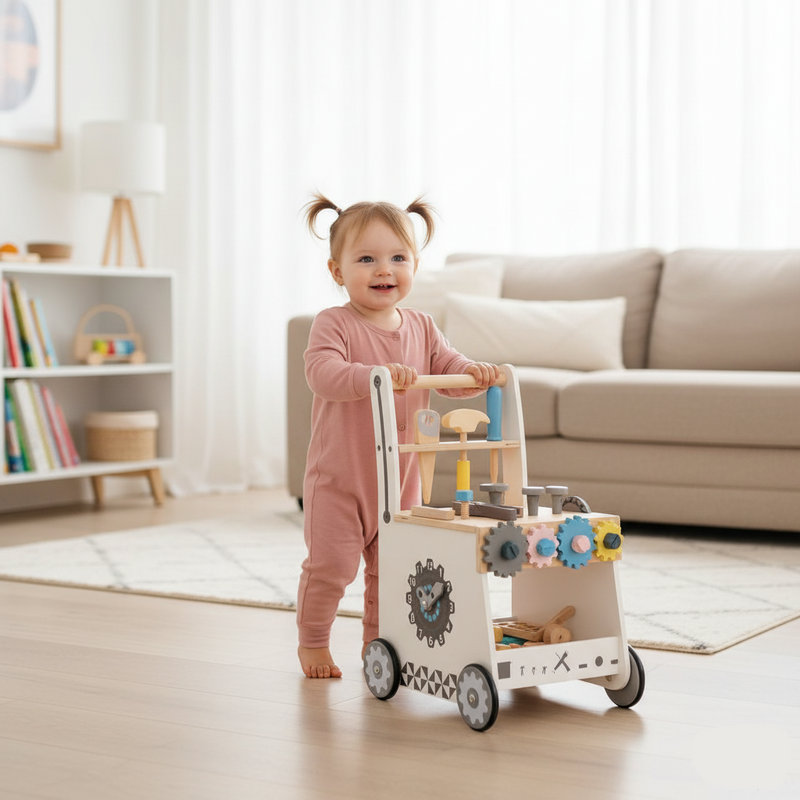 Toddler walking with the Avenlur wooden tool walker