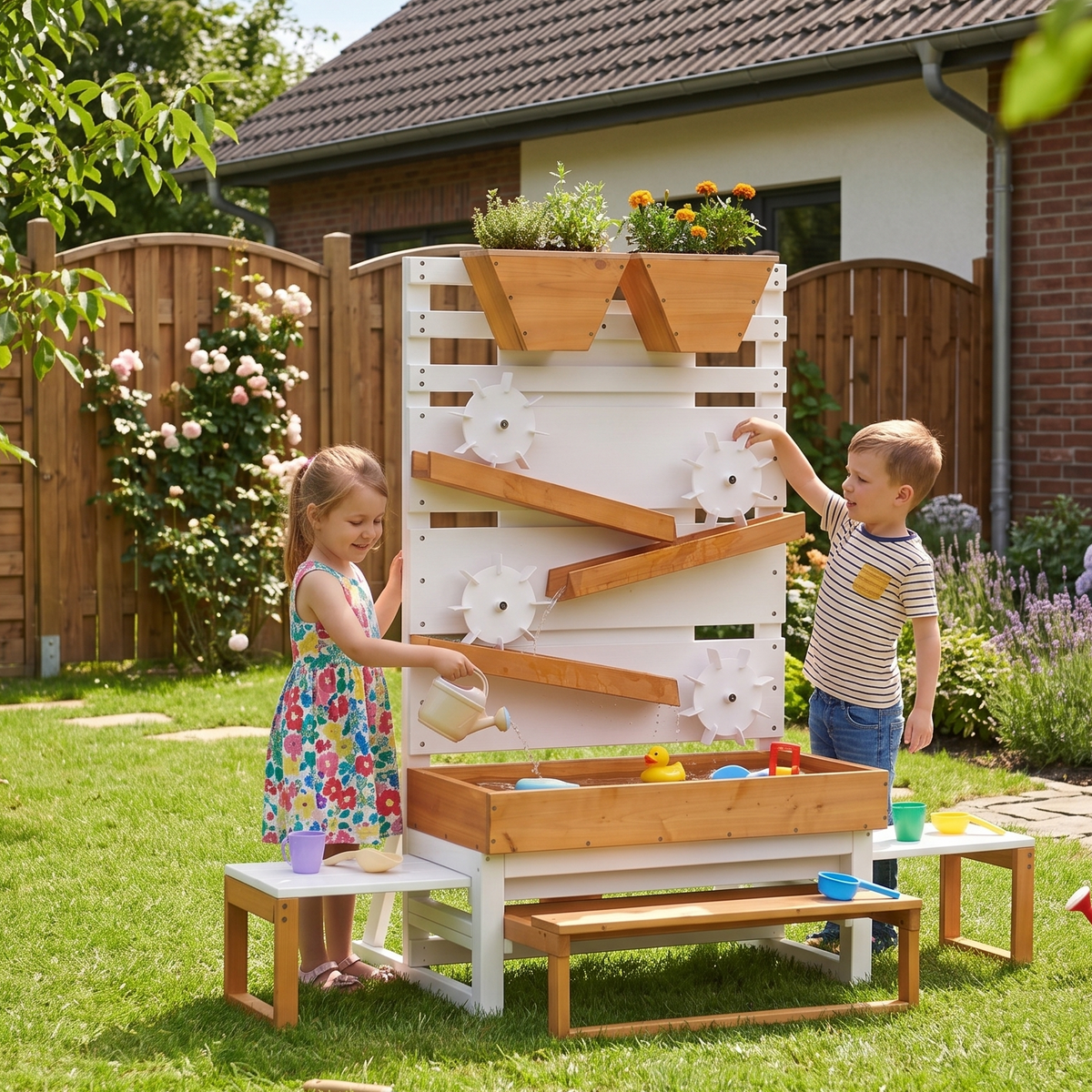 Avenlur water table for kids features: tiered bins, water wheel and drain