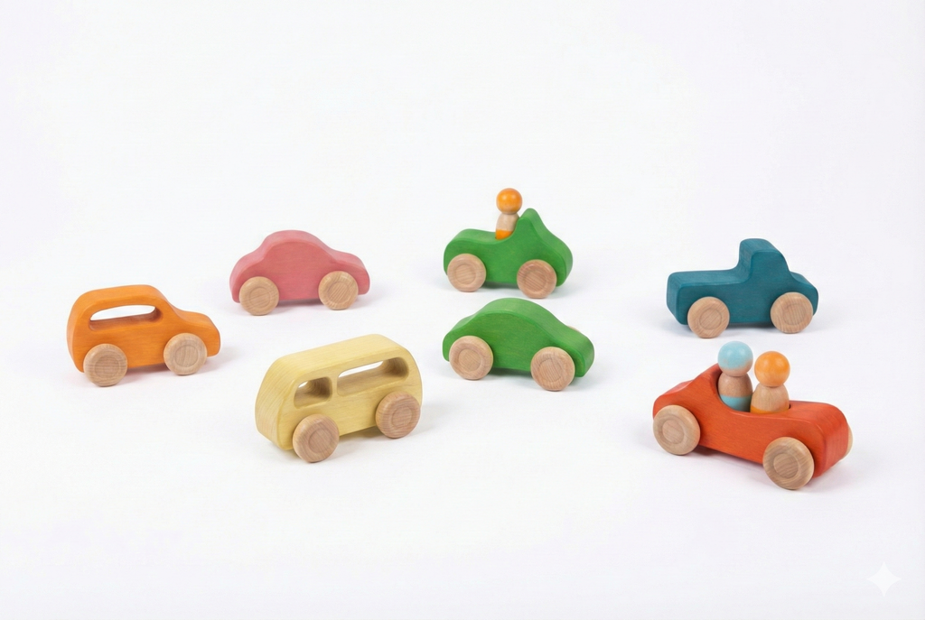 Toddler playing with Avenlur wooden toy cars on the floor