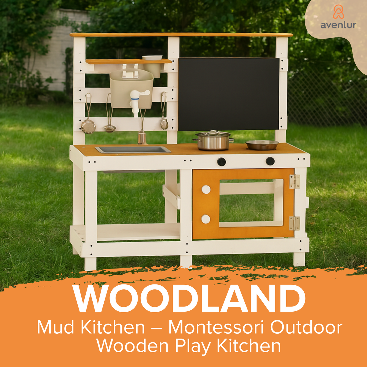 Avenlur Woodland mud kitchen features: removable sink, burners and storage