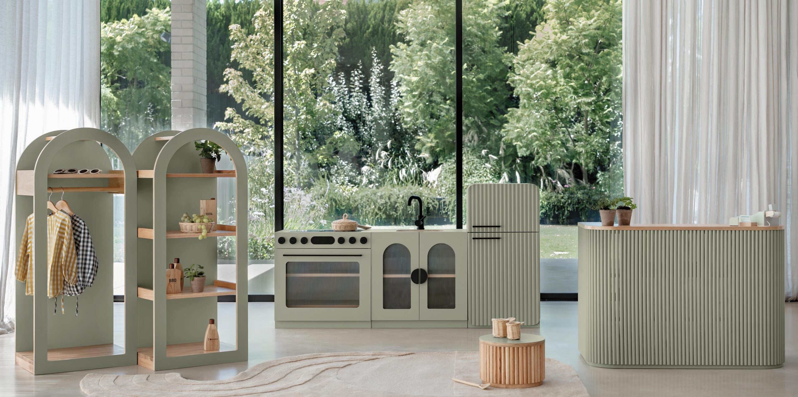 Sage Fluted play kitchen set styled in a modern playroom