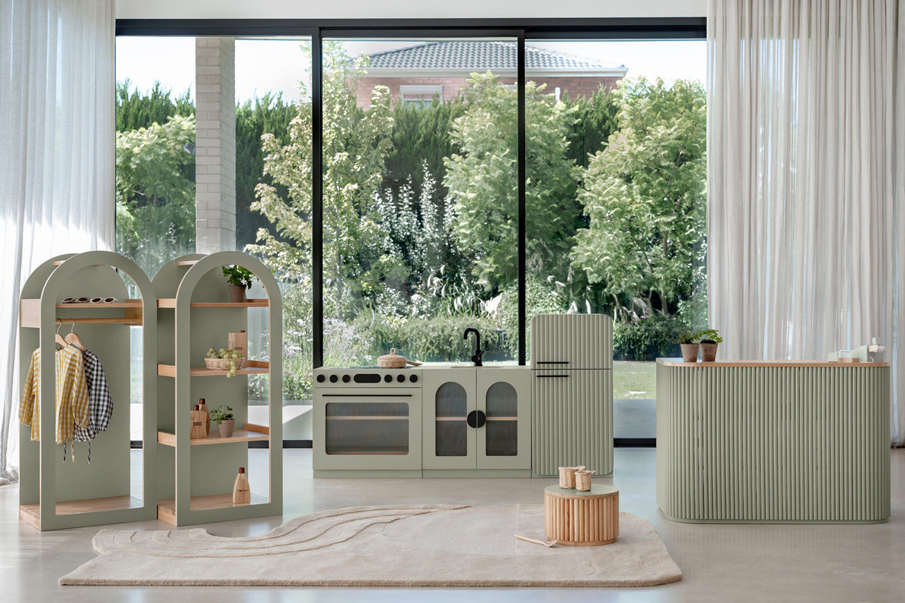 Sage Fluted play fridge with the full play kitchen styled in a Montessori room