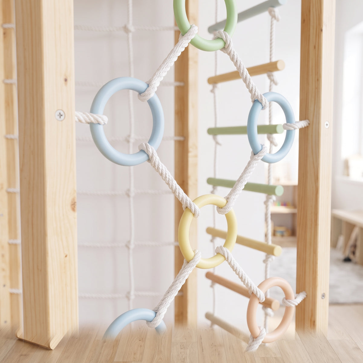 Close-up of the Hawthorn pastel ring and rope climbing wall with wooden rungs