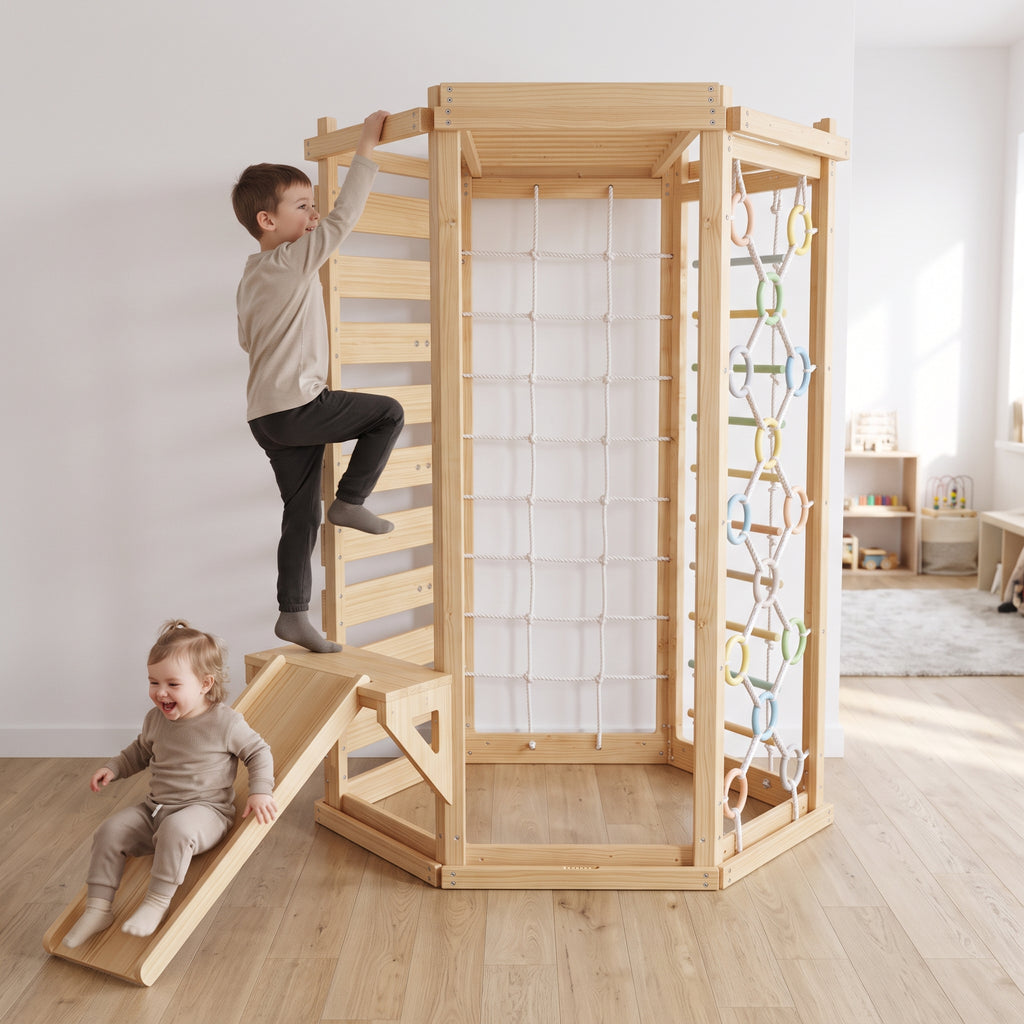 Boy climbing the wooden ladder side of the Avenlur Hawthorn indoor climbing gym while a toddler slides down