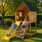Mimosa Wooden Outdoor Playhouse with Slide, Climbing Stairs & Sensory Gear Panel