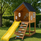 Mimosa Wooden Outdoor Playhouse with Slide, Climbing Stairs & Sensory Gear Panel