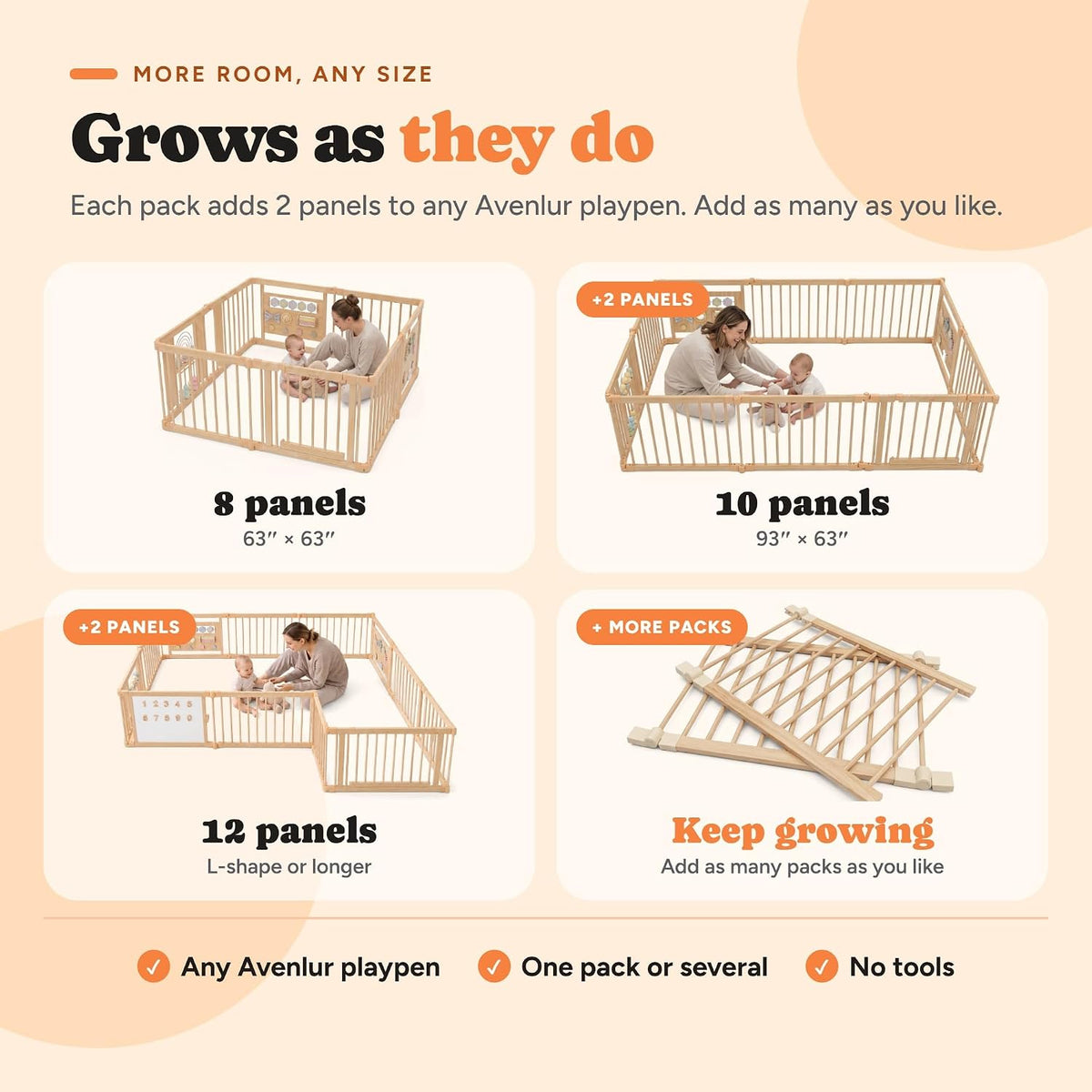 Playpen Add-On Panels – 2-Pack of Wooden Bar Panels for the Avenlur Baby Playpen