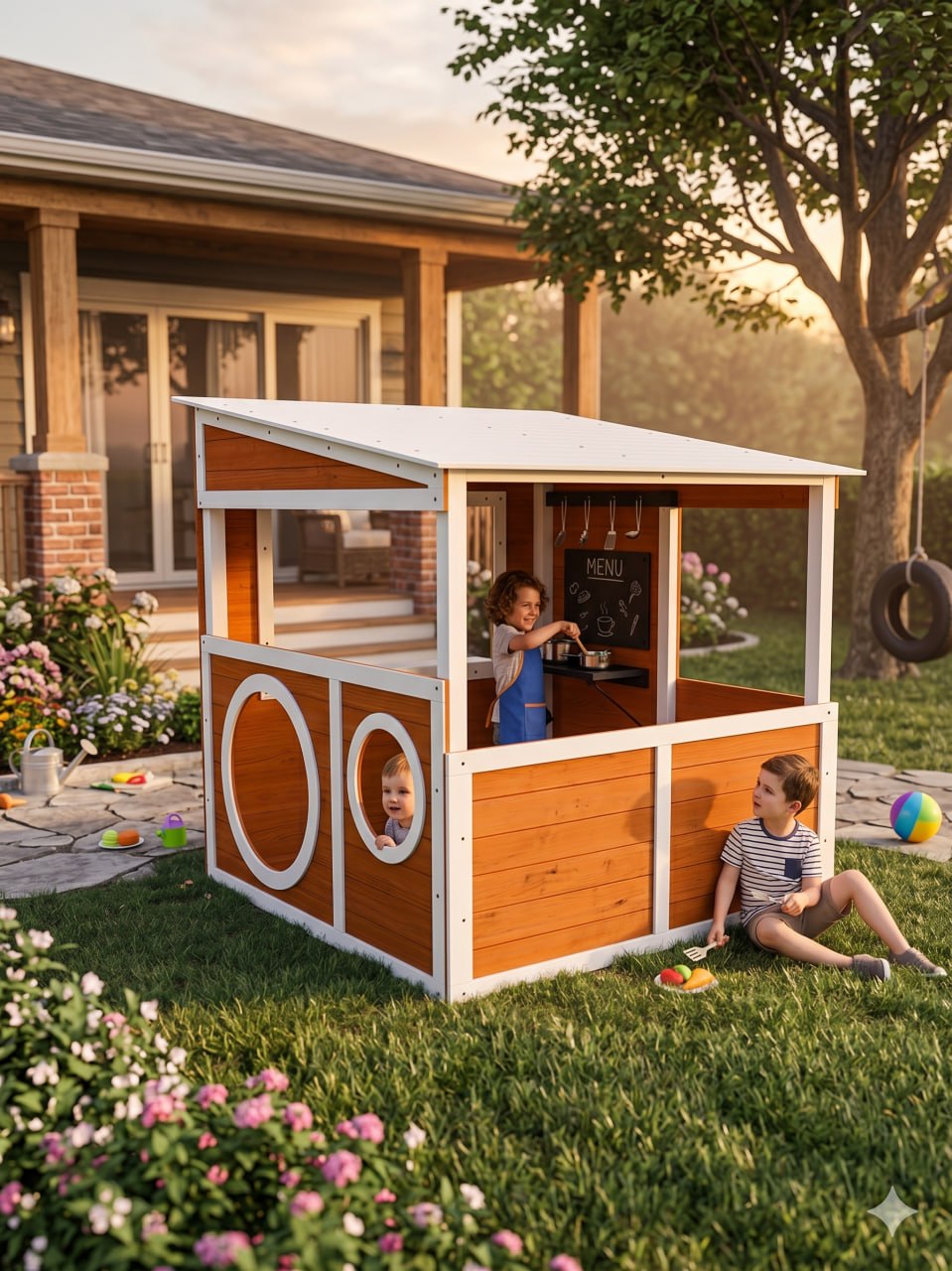 Backyard kids playhouse with kitchen and chalkboard