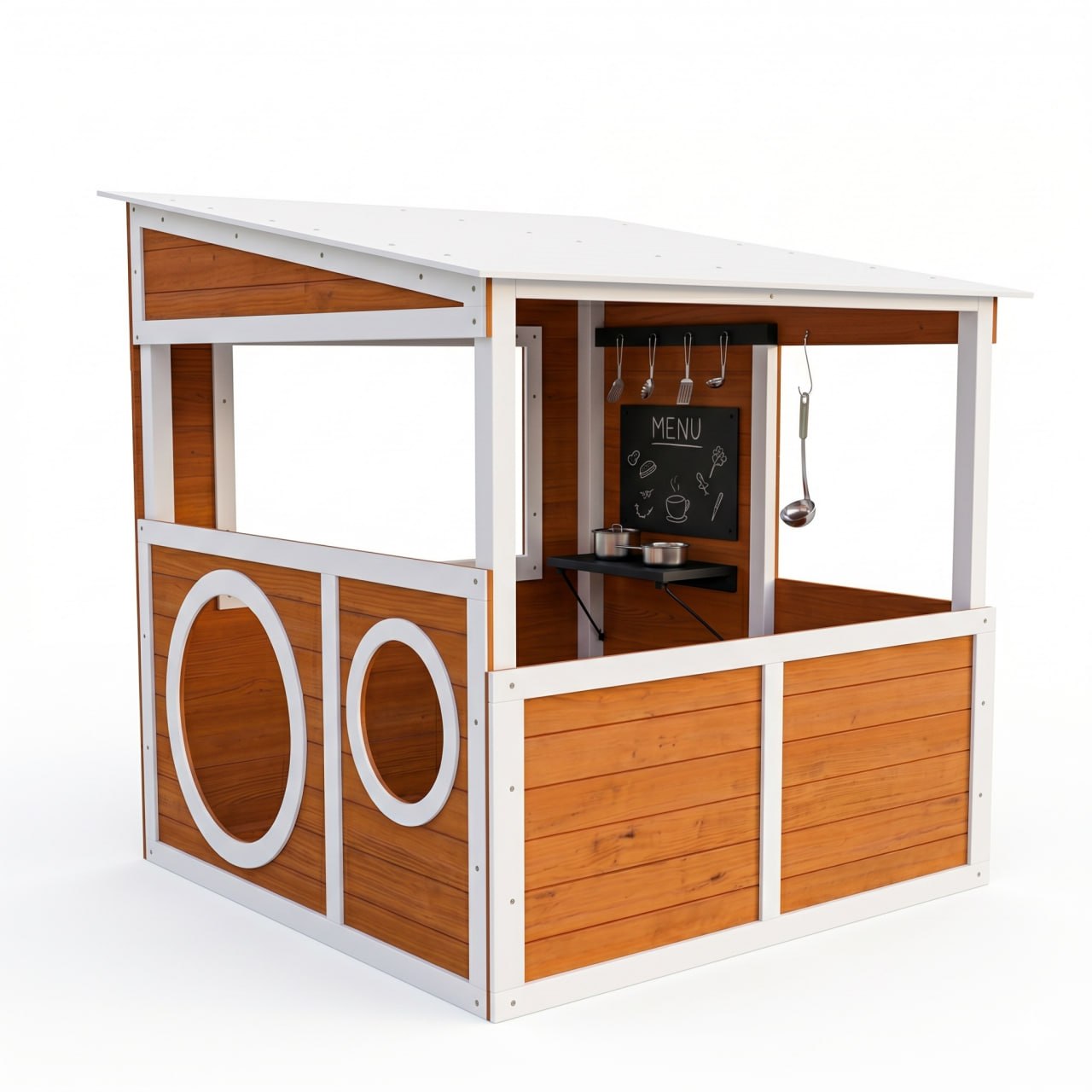 Wooden outdoor playhouse with serving window kids