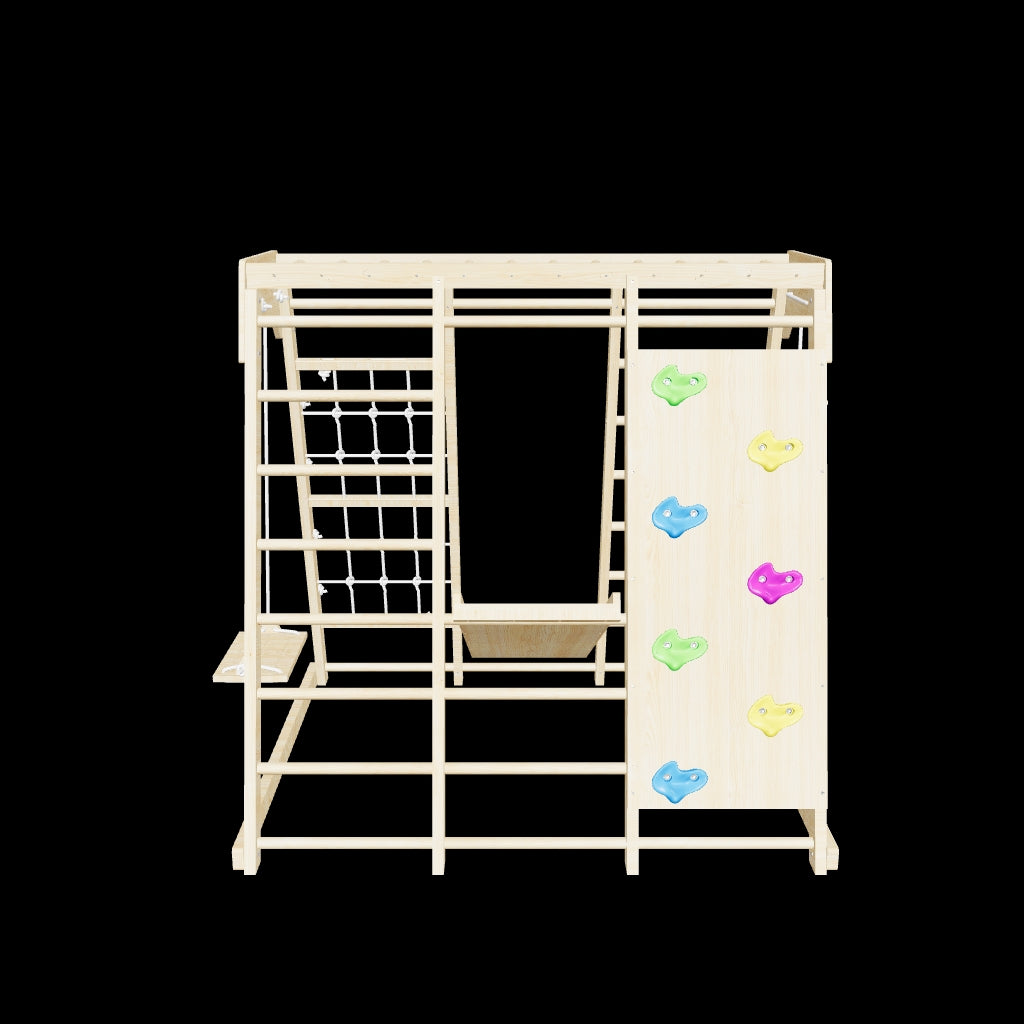 Avenlur Magnolia indoor wooden jungle gym with monkey bars, rock climbing wall, slide and swing