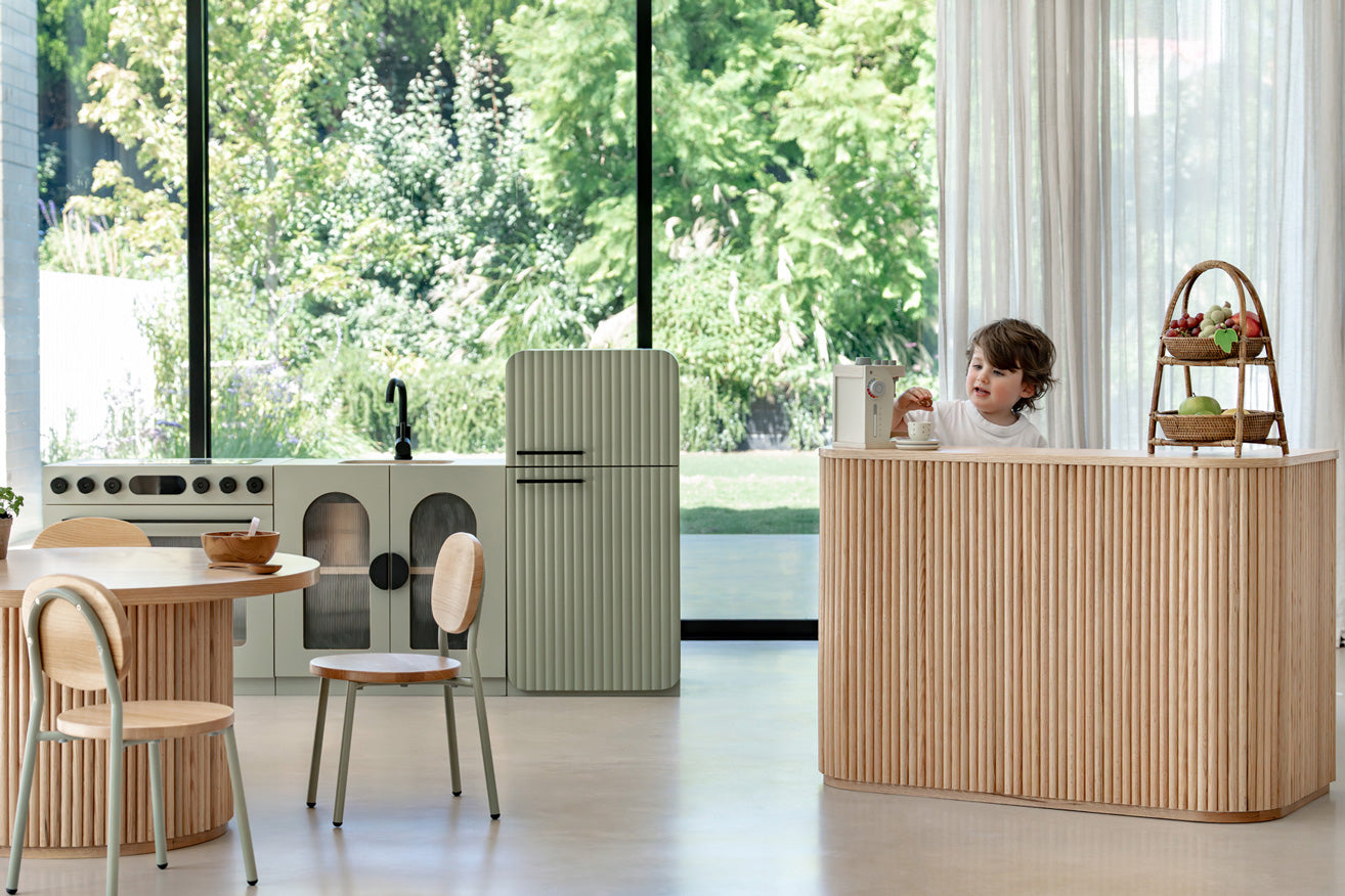 Sage Fluted play sink in a bright, modern playroom kitchen