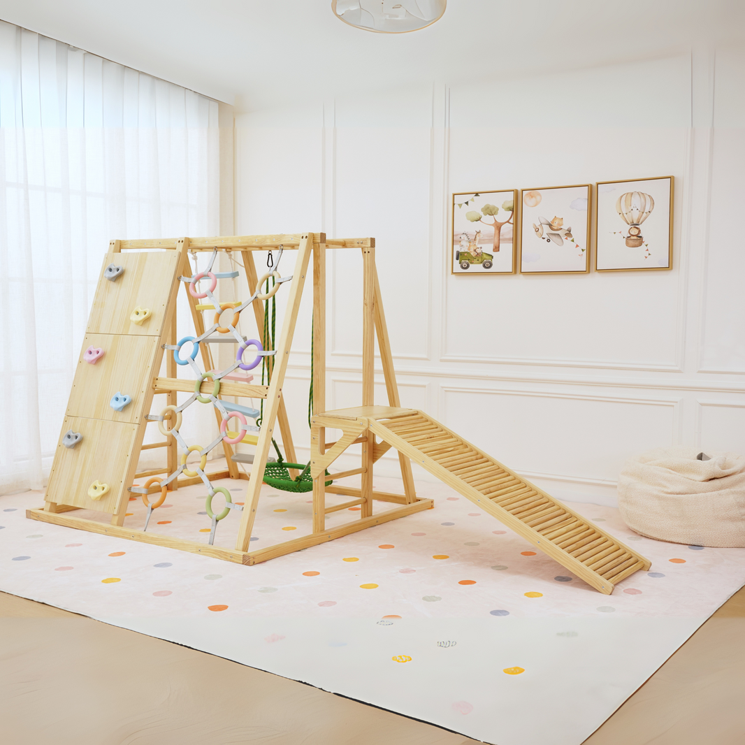Side view of Avenlur Sweetgum wooden indoor climber in a modern nursery with ramp and pastel accents
