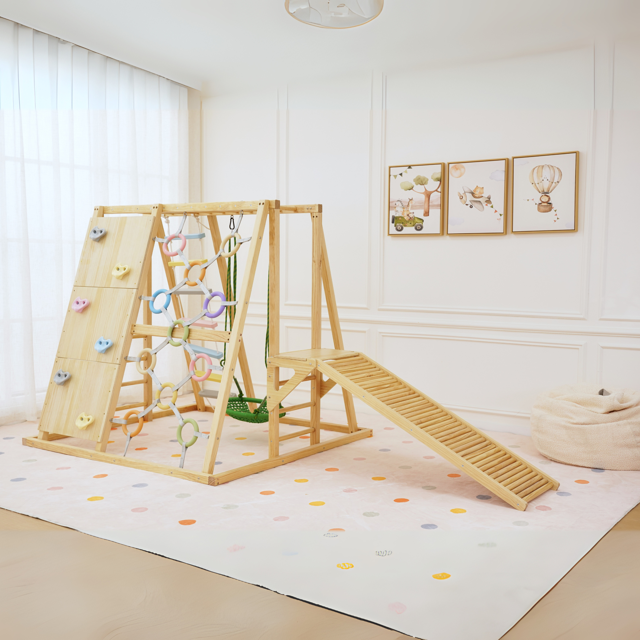 Side view of Avenlur Sweetgum wooden indoor climber in a modern nursery with ramp and pastel accents
